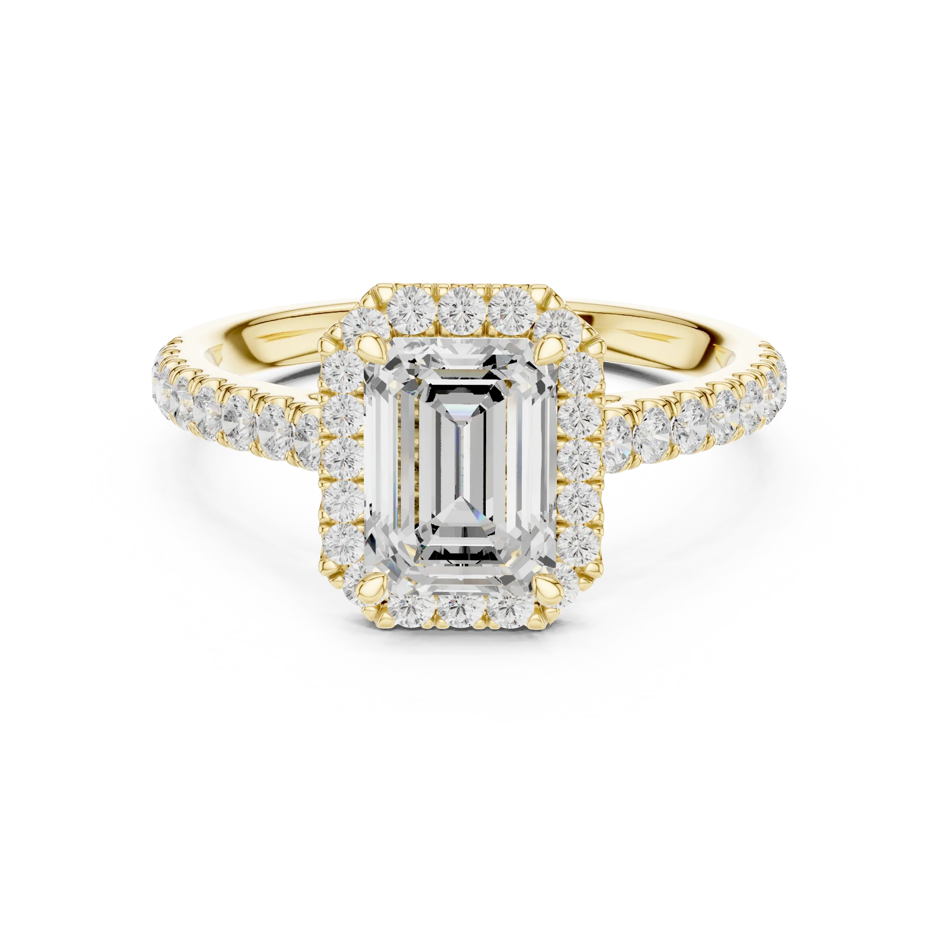 Front view of yellow gold imperial halo emerald cut diamond ring with lab-grown center stone encircled by halo diamonds, classic luxurious style