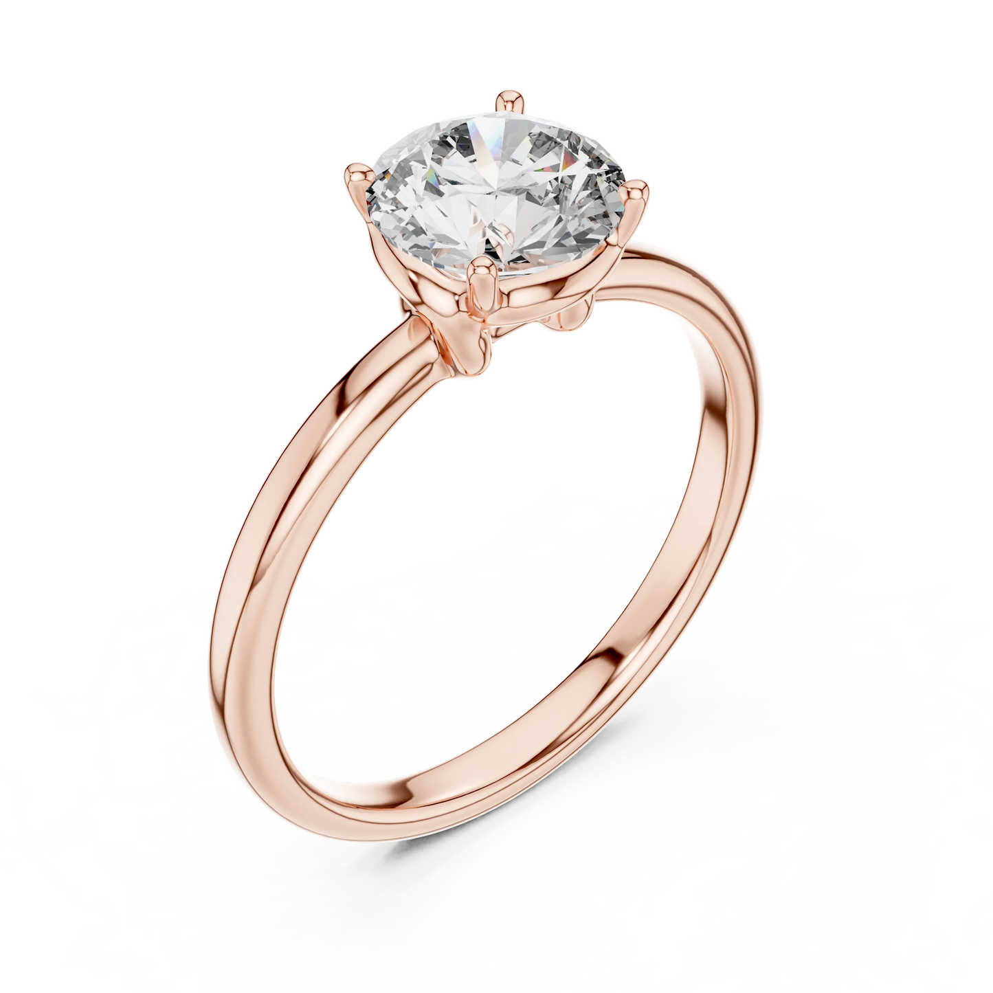 Top view of round cut diamond ring in rose gold with round gemstone