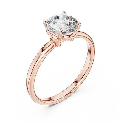 Top view of round cut diamond ring in rose gold with round gemstone