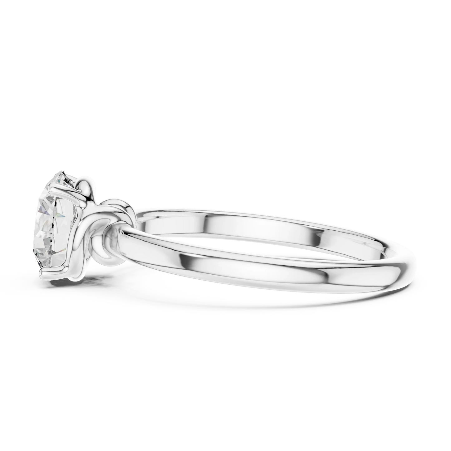 Side view of round cut diamond ring in white gold with round gemstone