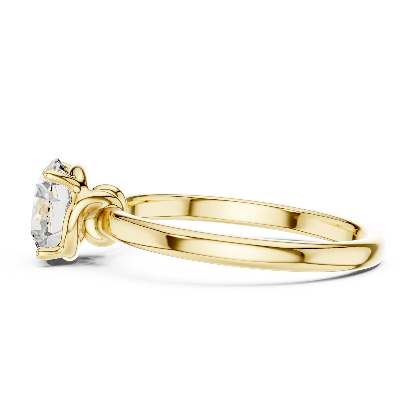 Side view of round cut diamond ring in yellow gold with round gemstone