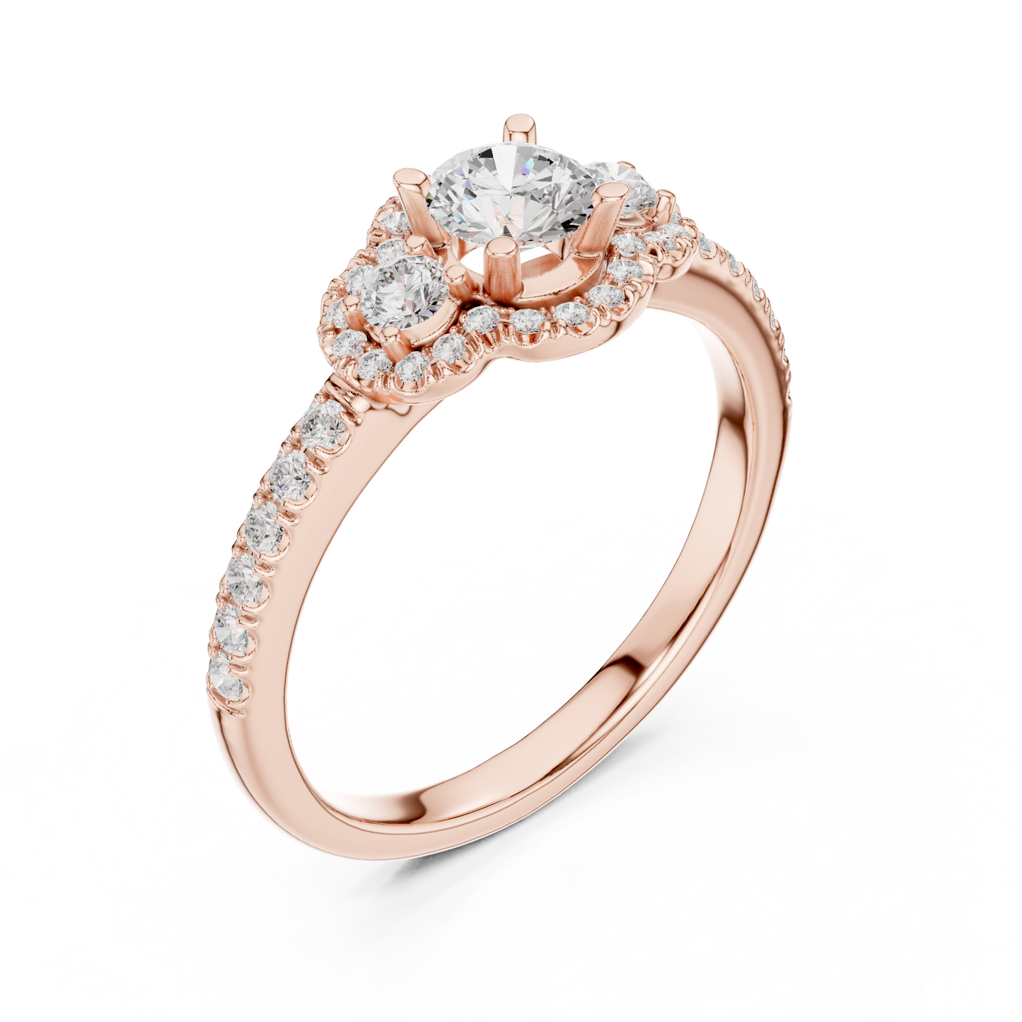 Three-Stone Diamond Halo Engagement Ring