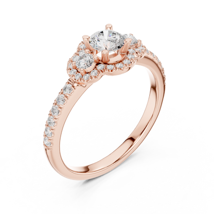 Three-Stone Diamond Halo Engagement Ring