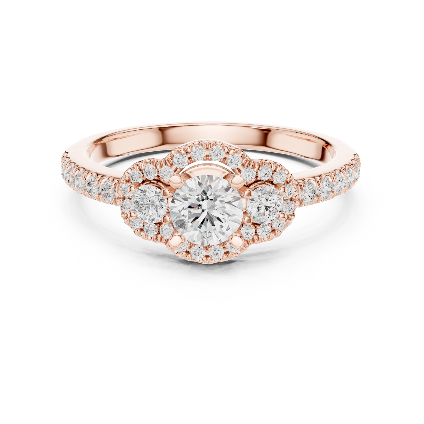 Three-Stone Diamond Halo Engagement Ring