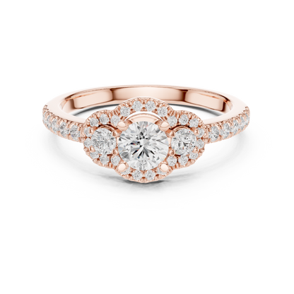 Three-Stone Diamond Halo Engagement Ring