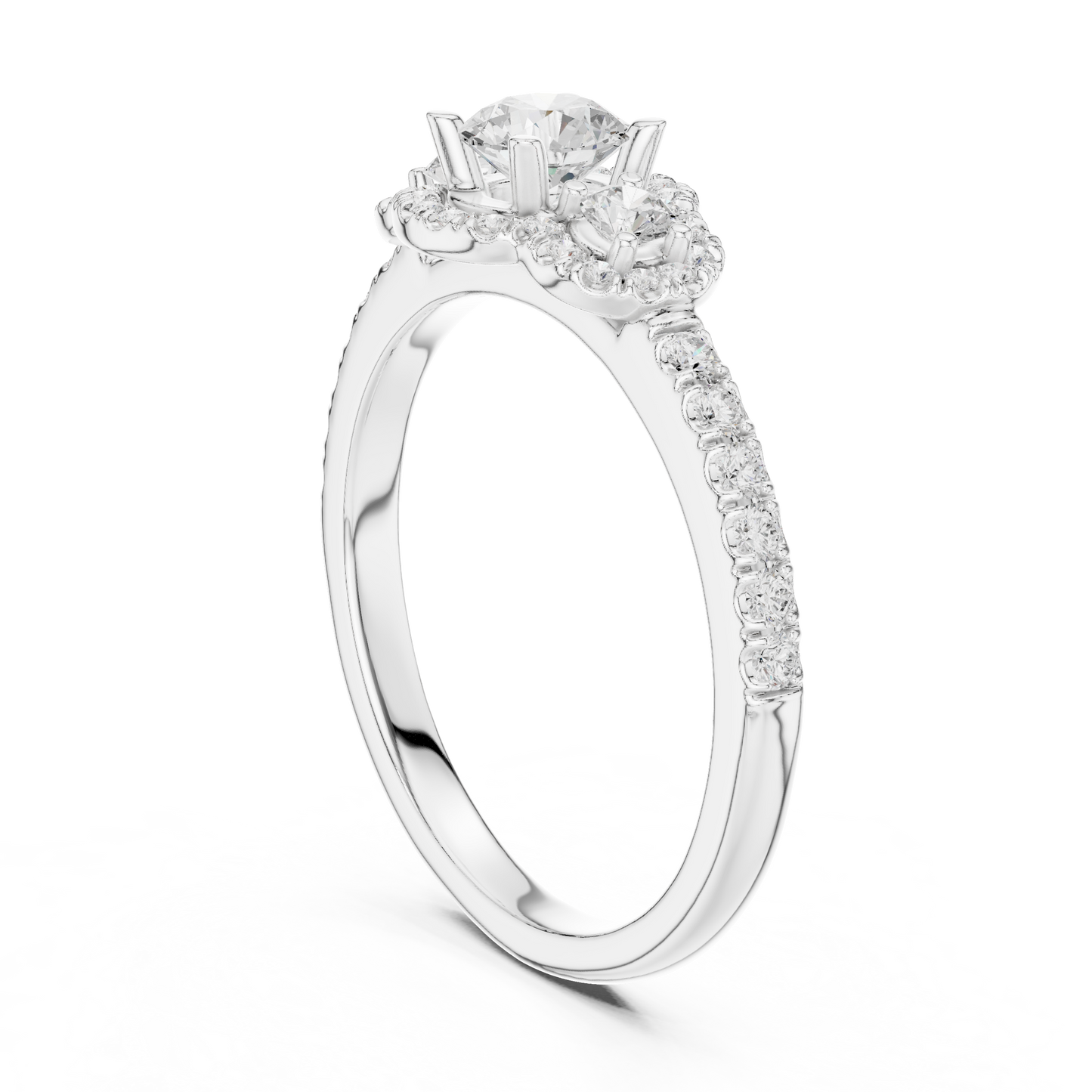 Three-Stone Diamond Halo Engagement Ring