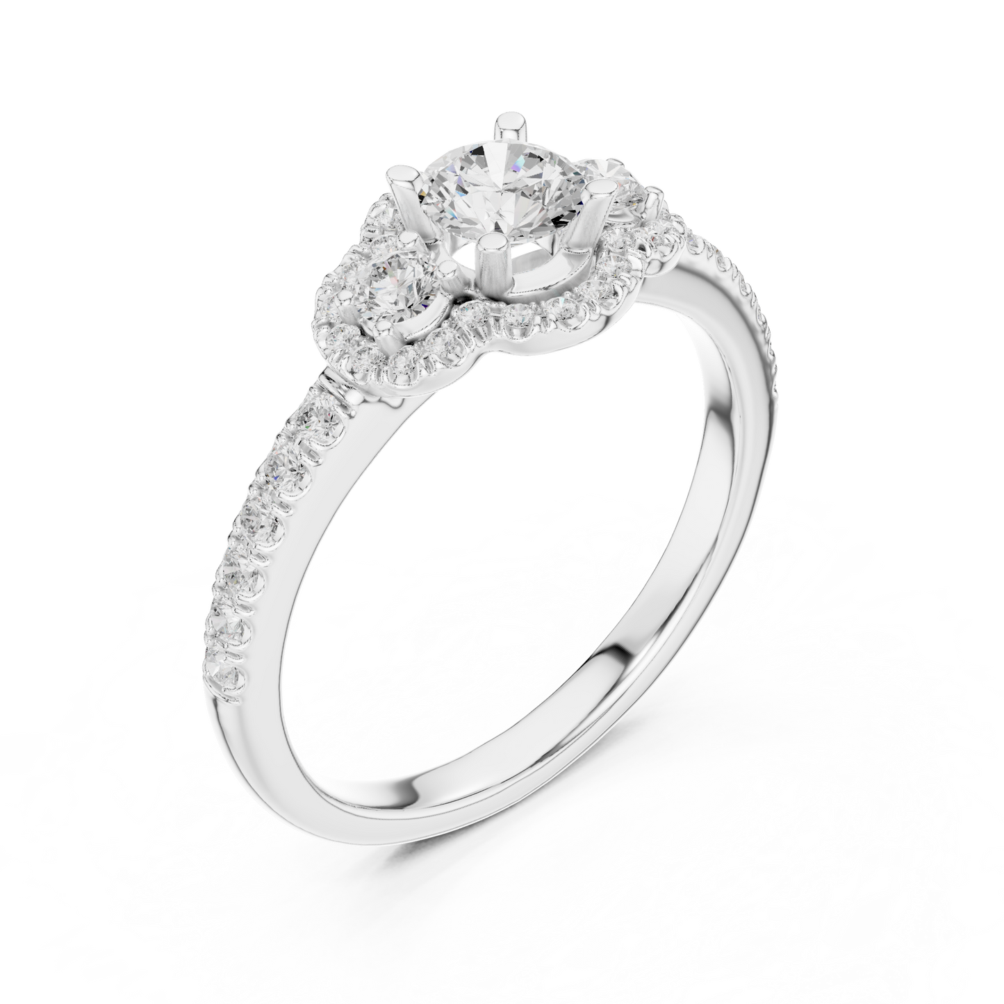 Three-Stone Diamond Halo Engagement Ring