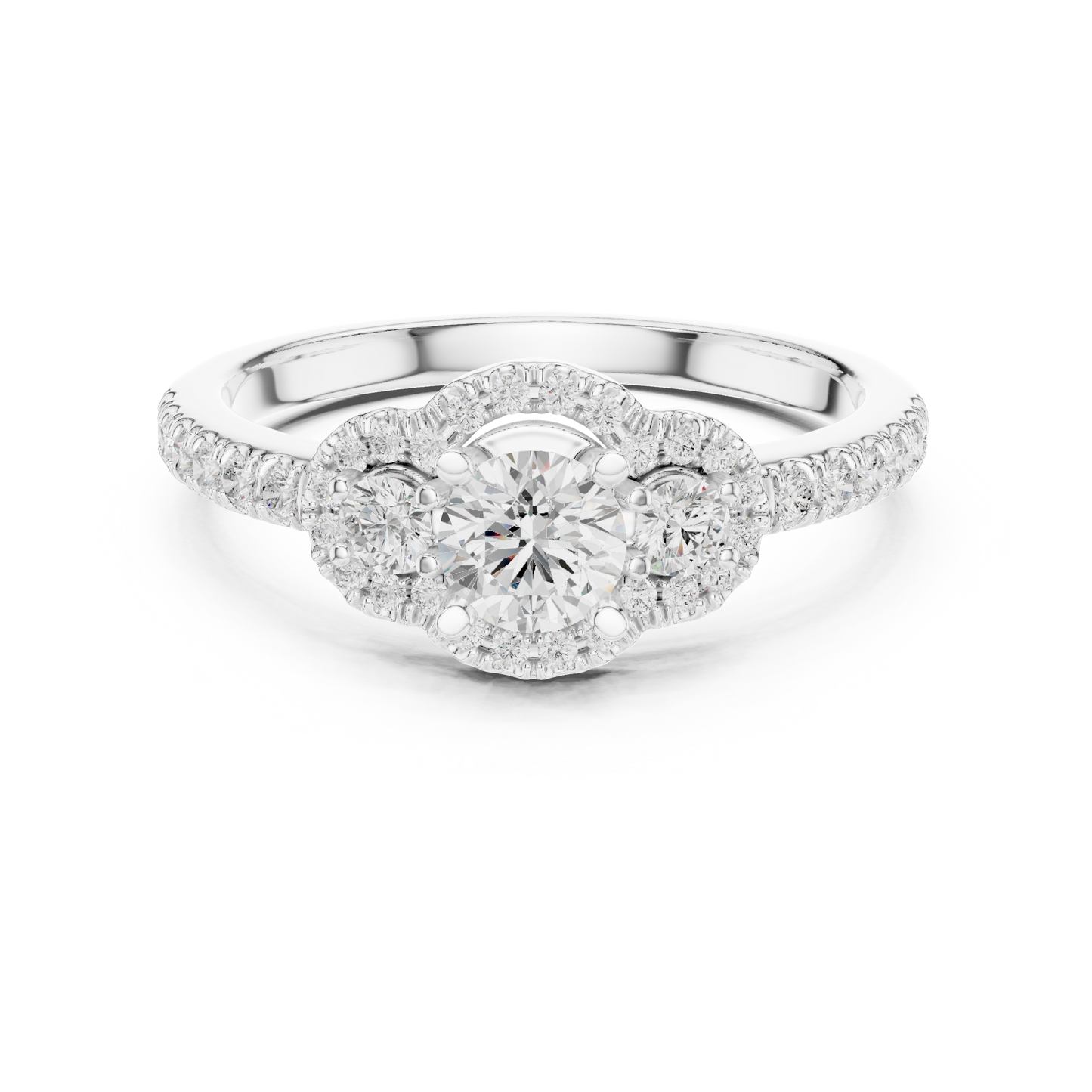 Three-Stone Diamond Halo Engagement Ring