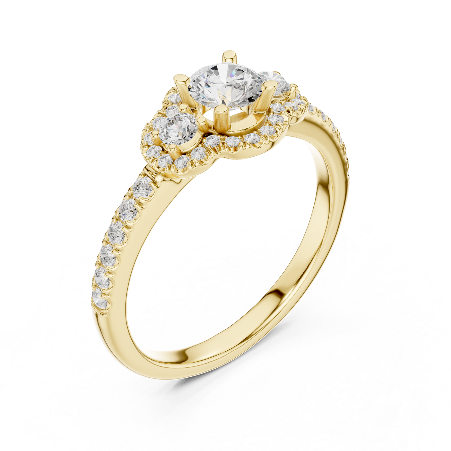 Three-Stone Diamond Halo Engagement Ring