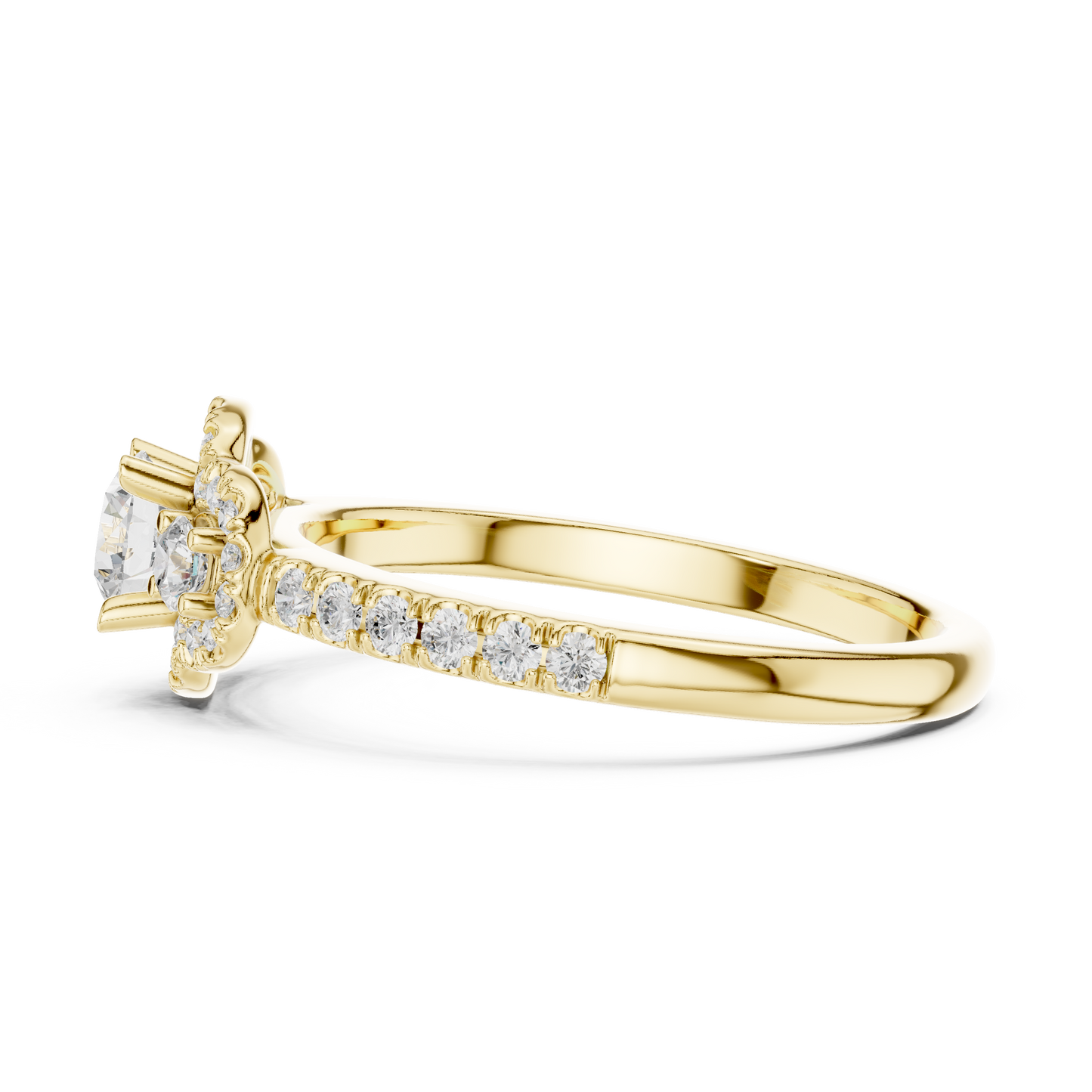 Three-Stone Diamond Halo Engagement Ring