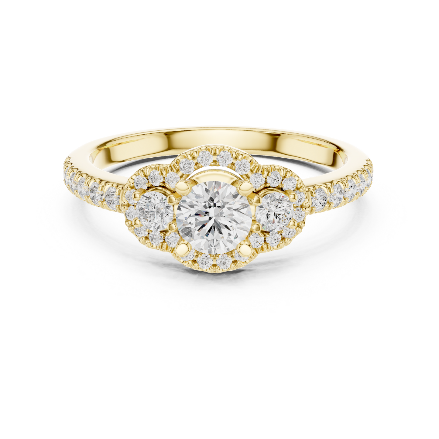 Three-Stone Diamond Halo Engagement Ring