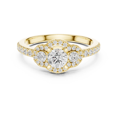 Three-Stone Diamond Halo Engagement Ring