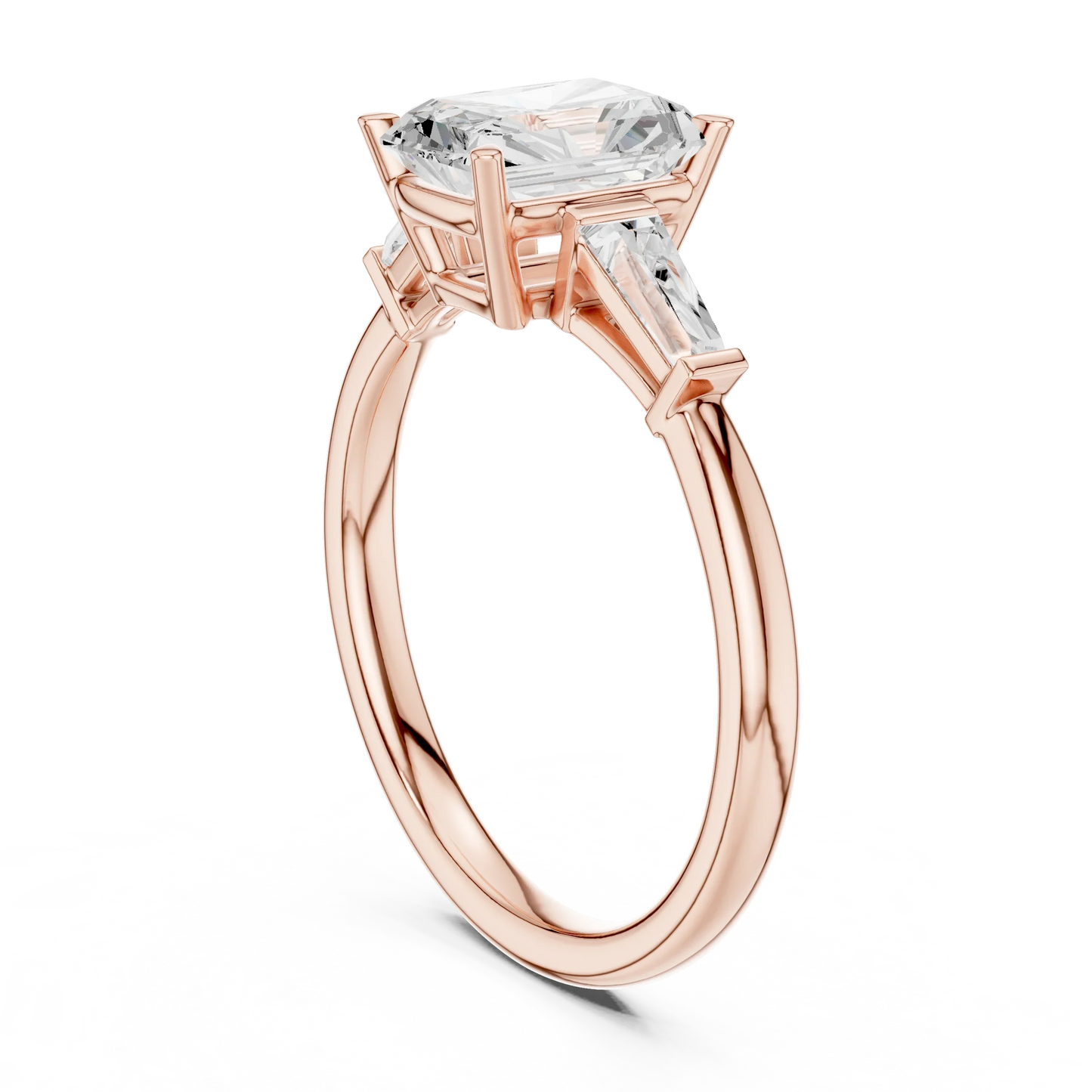 Back view of rose gold majestic radiant three stone diamond ring with lab-grown diamonds – Australia