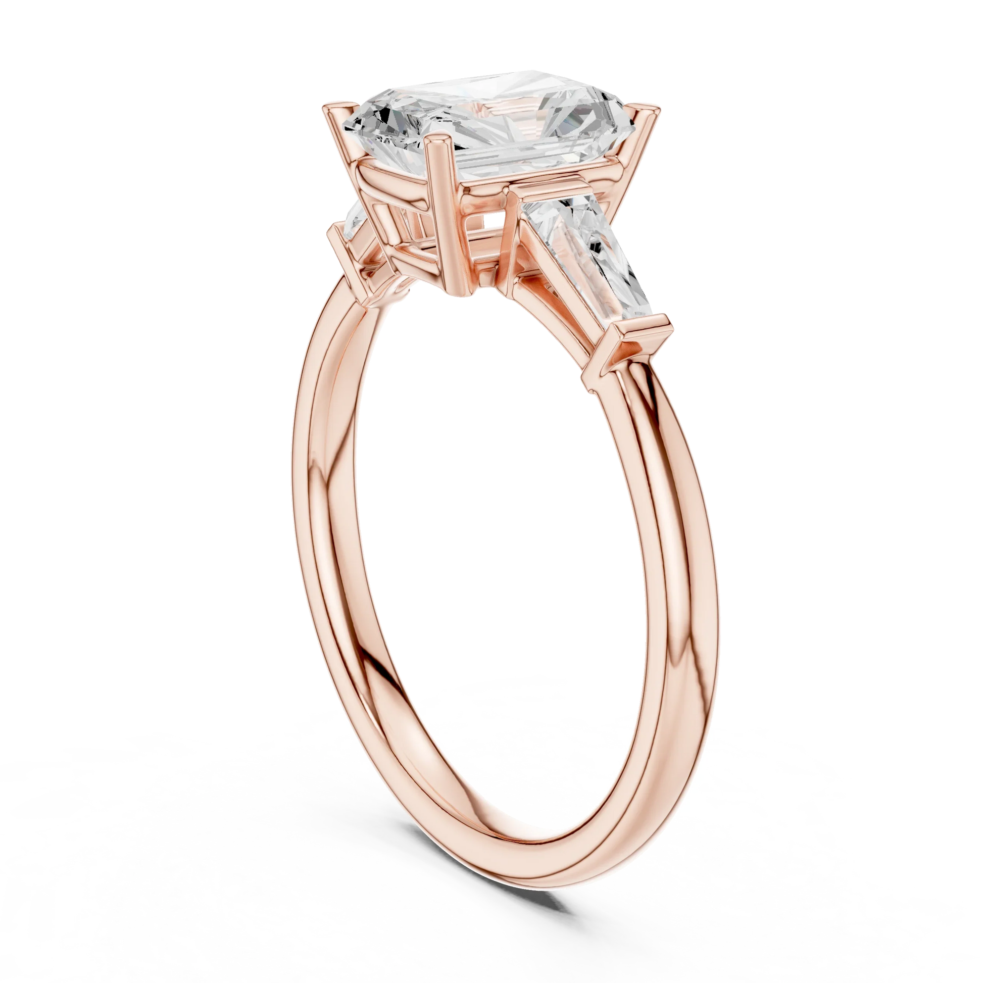 Back view of rose gold majestic radiant three stone diamond ring with lab-grown diamonds – Australia