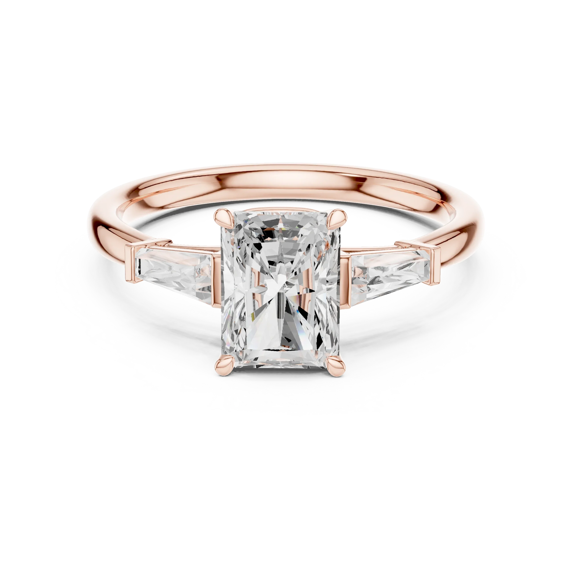 Front view of rose gold majestic radiant three stone diamond ring with lab-grown diamonds – Australia