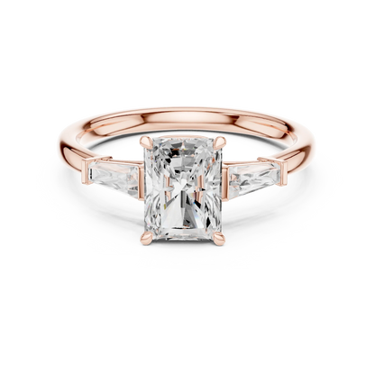 Front view of rose gold majestic radiant three stone diamond ring with lab-grown diamonds – Australia