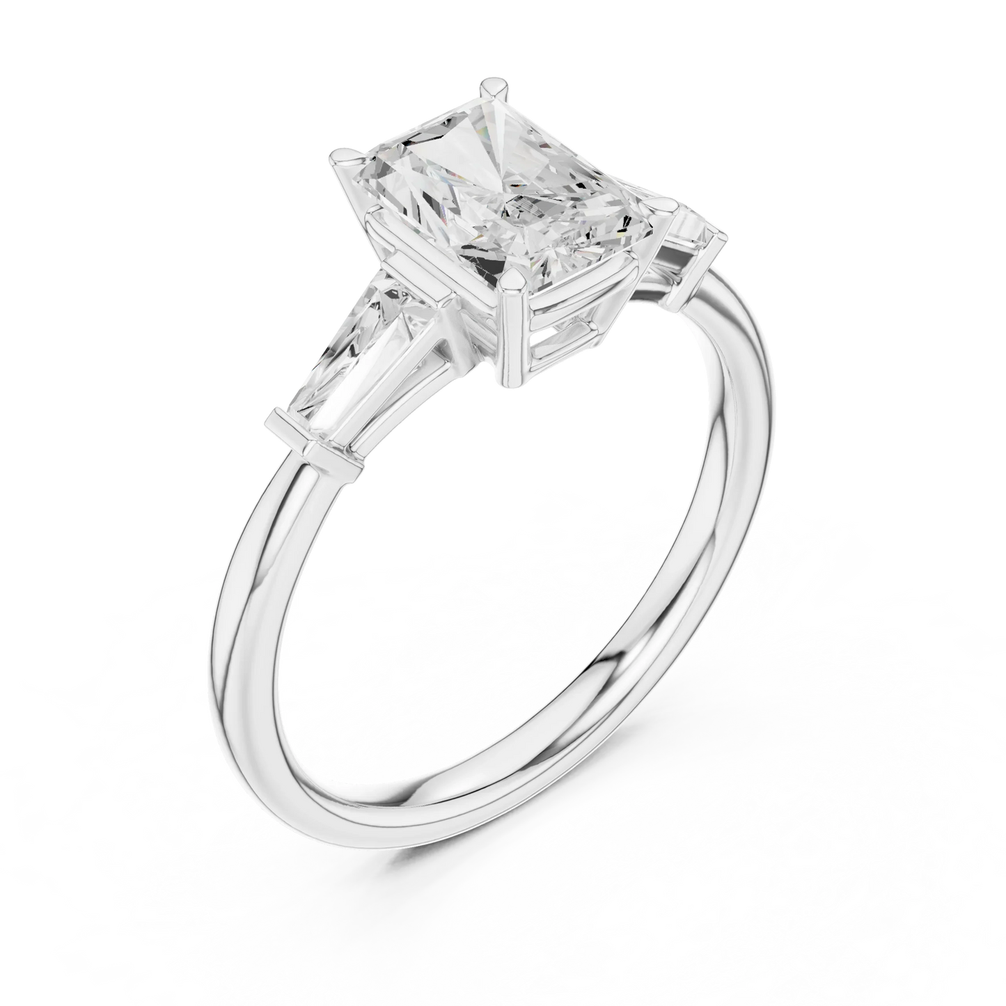 Front view of white gold majestic radiant three stone diamond ring with lab-grown diamonds – Australia