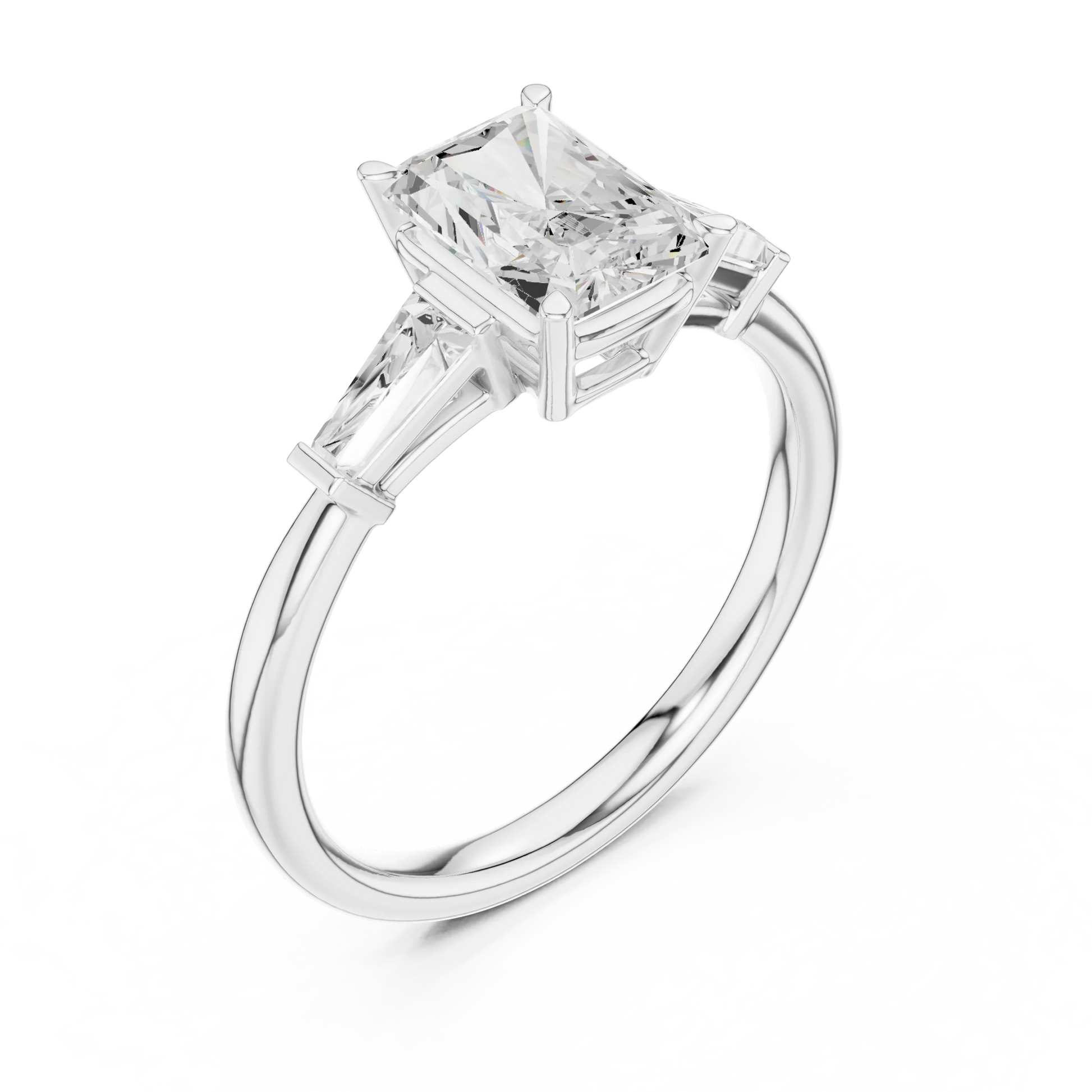 Front view of white gold majestic radiant three stone diamond ring with lab-grown diamonds – Australia