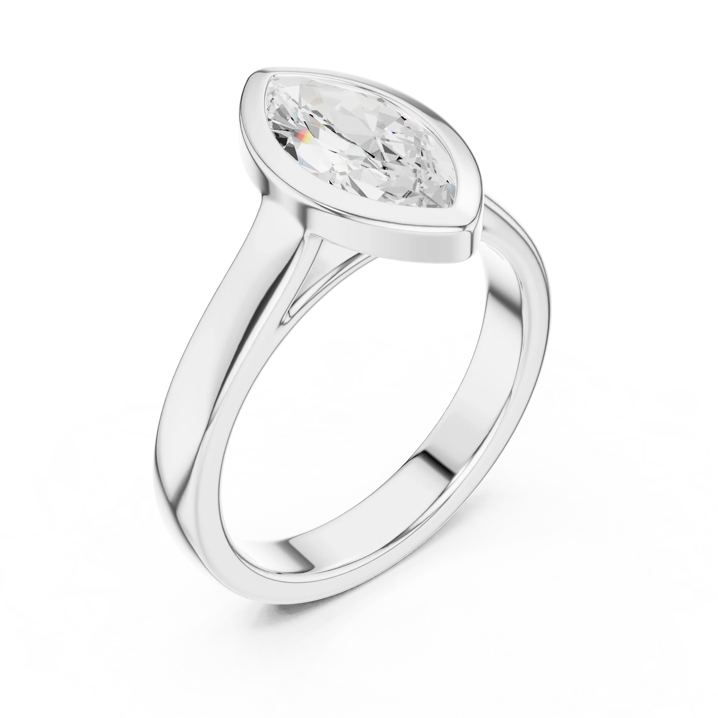 Front view of white gold marquise bezel solitaire ring with lab-grown diamond – Australia
