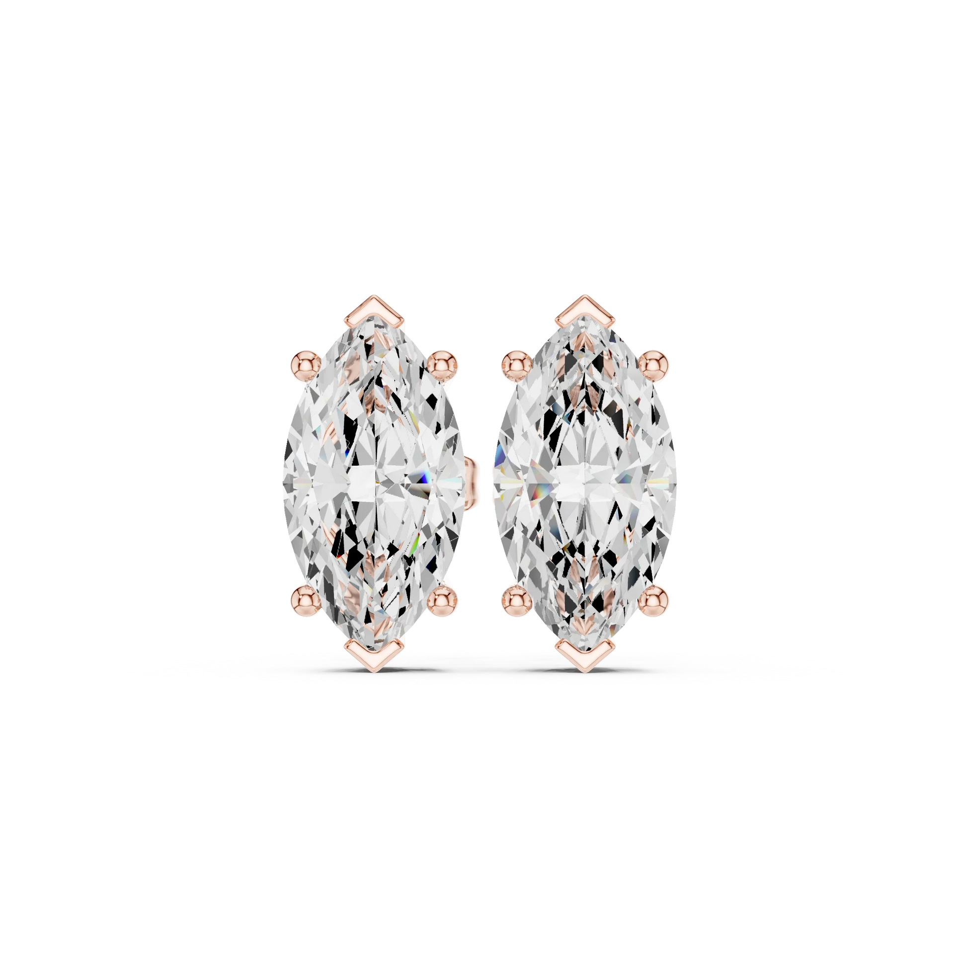 Pair of marquise-shaped diamond earrings with rose gold prongs on a white background