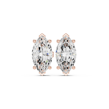 Pair of marquise-shaped diamond earrings with rose gold prongs on a white background