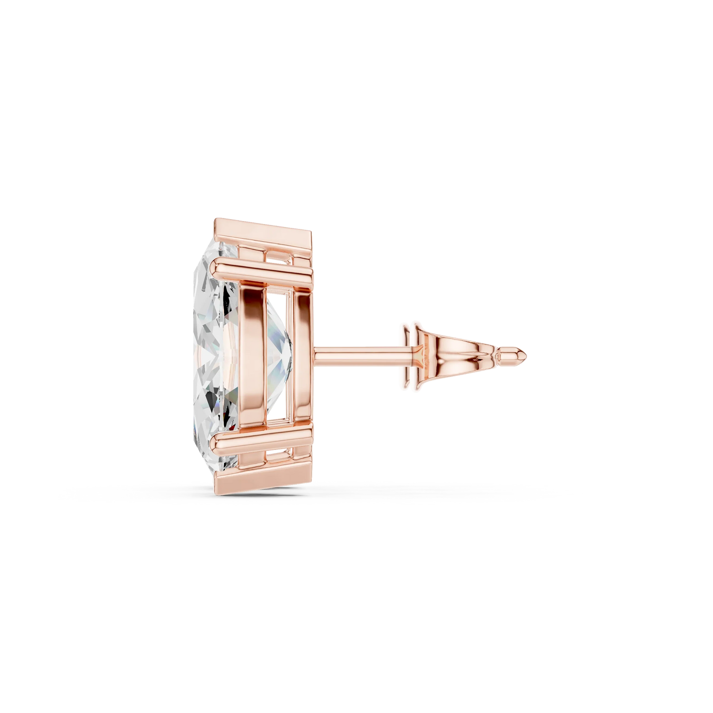 Rose gold earring with clear gemstone on a white background in side view