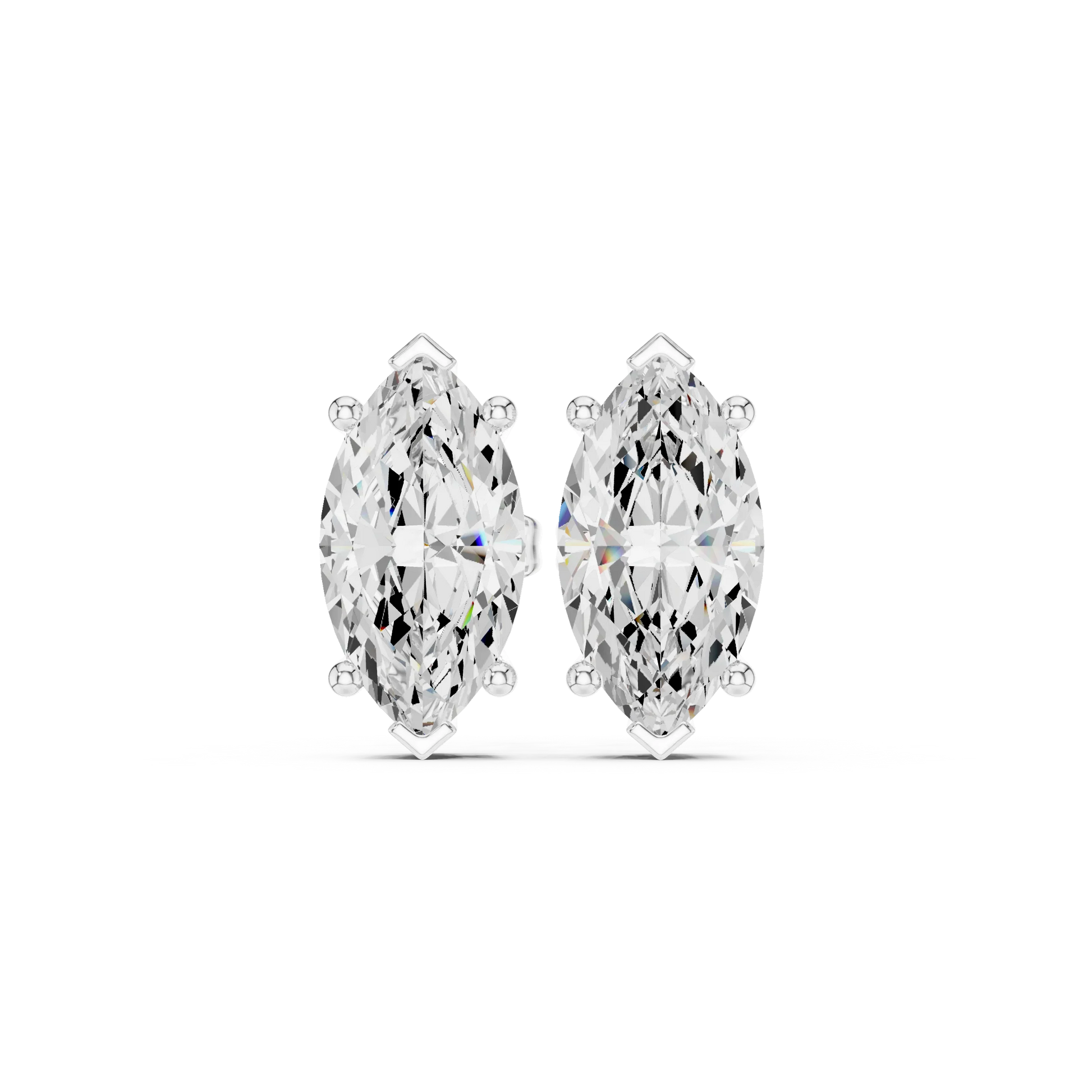 Pair of marquise-shaped diamond earrings on a white background in white gold