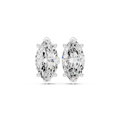 Pair of marquise-shaped diamond earrings on a white background in white gold