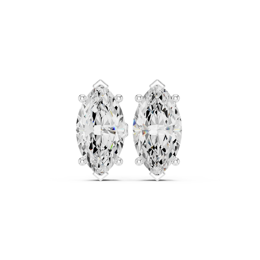 Pair of marquise-shaped diamond earrings on a white background in white gold