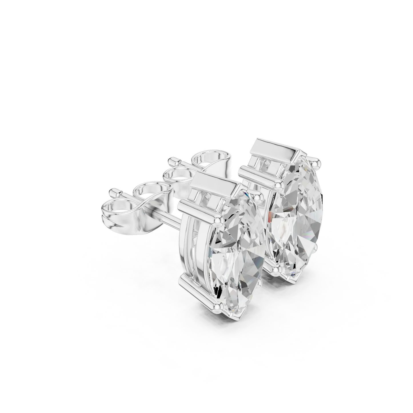 Diamond stud earrings on a white background in white gold with top view