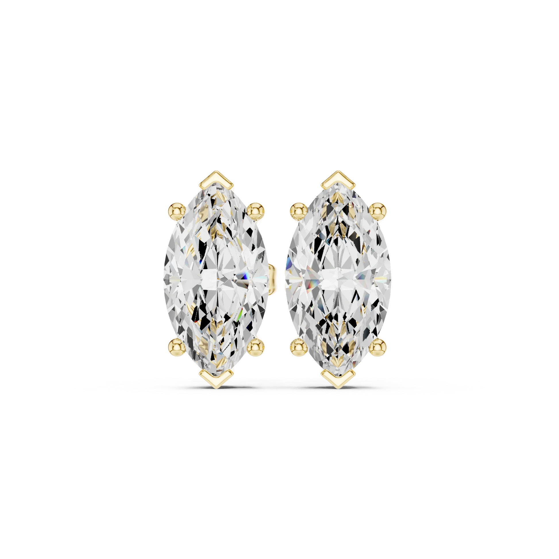 Pair of marquise-shaped diamond earrings with yellow gold prongs on a white background