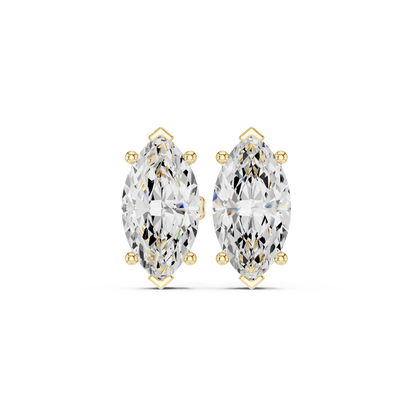 Pair of marquise-shaped diamond earrings with yellow gold prongs on a white background