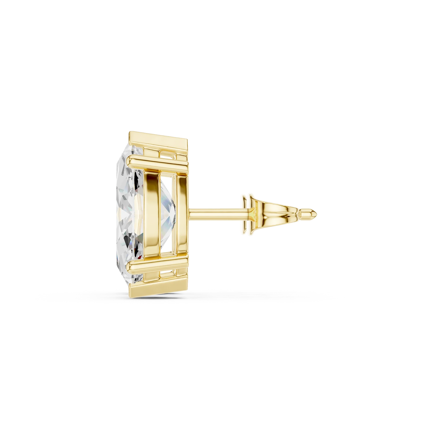 Gold earring with clear gemstone on a white background with side view