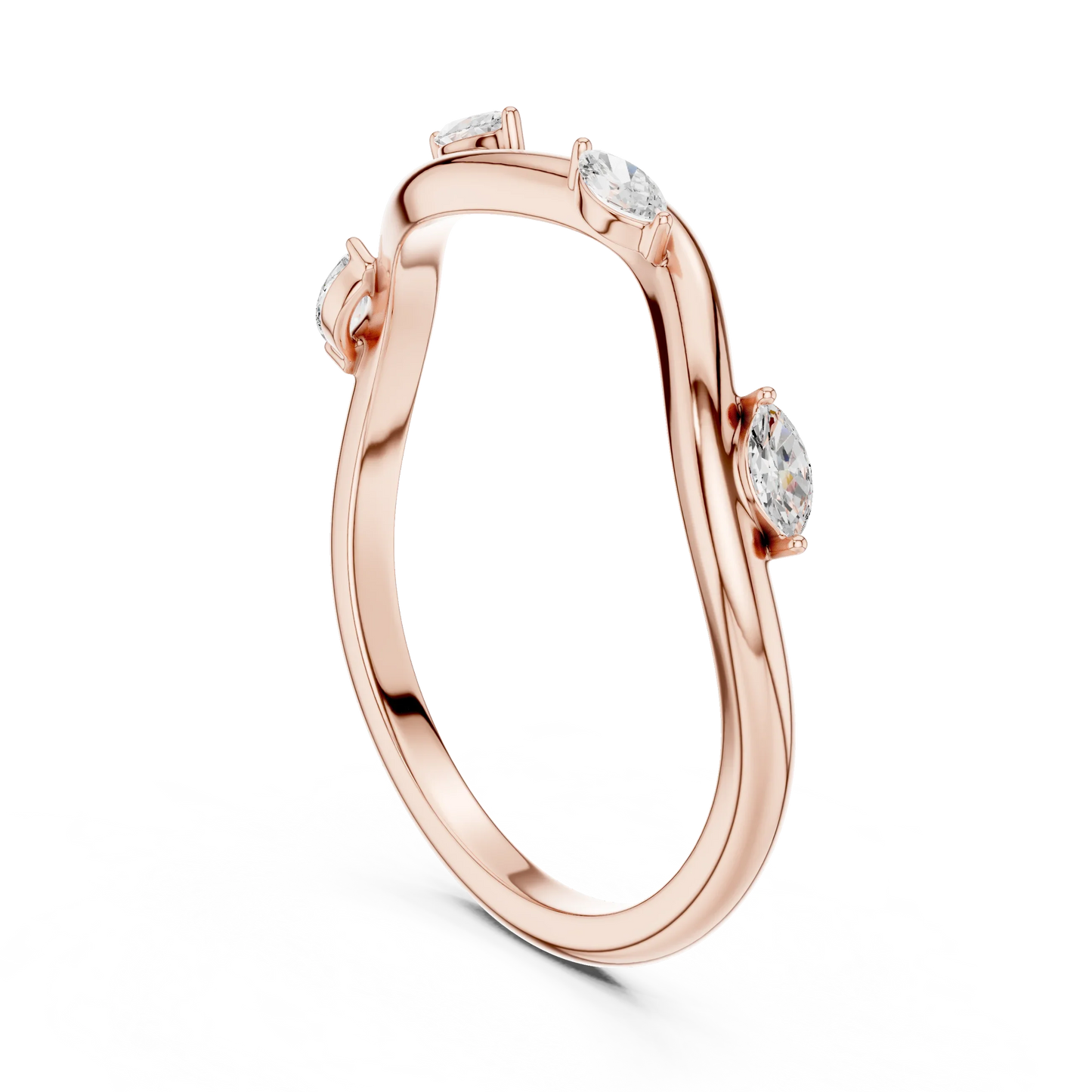 Marquise diamond curved wedding band in rose gold with lab-grown diamonds back view
