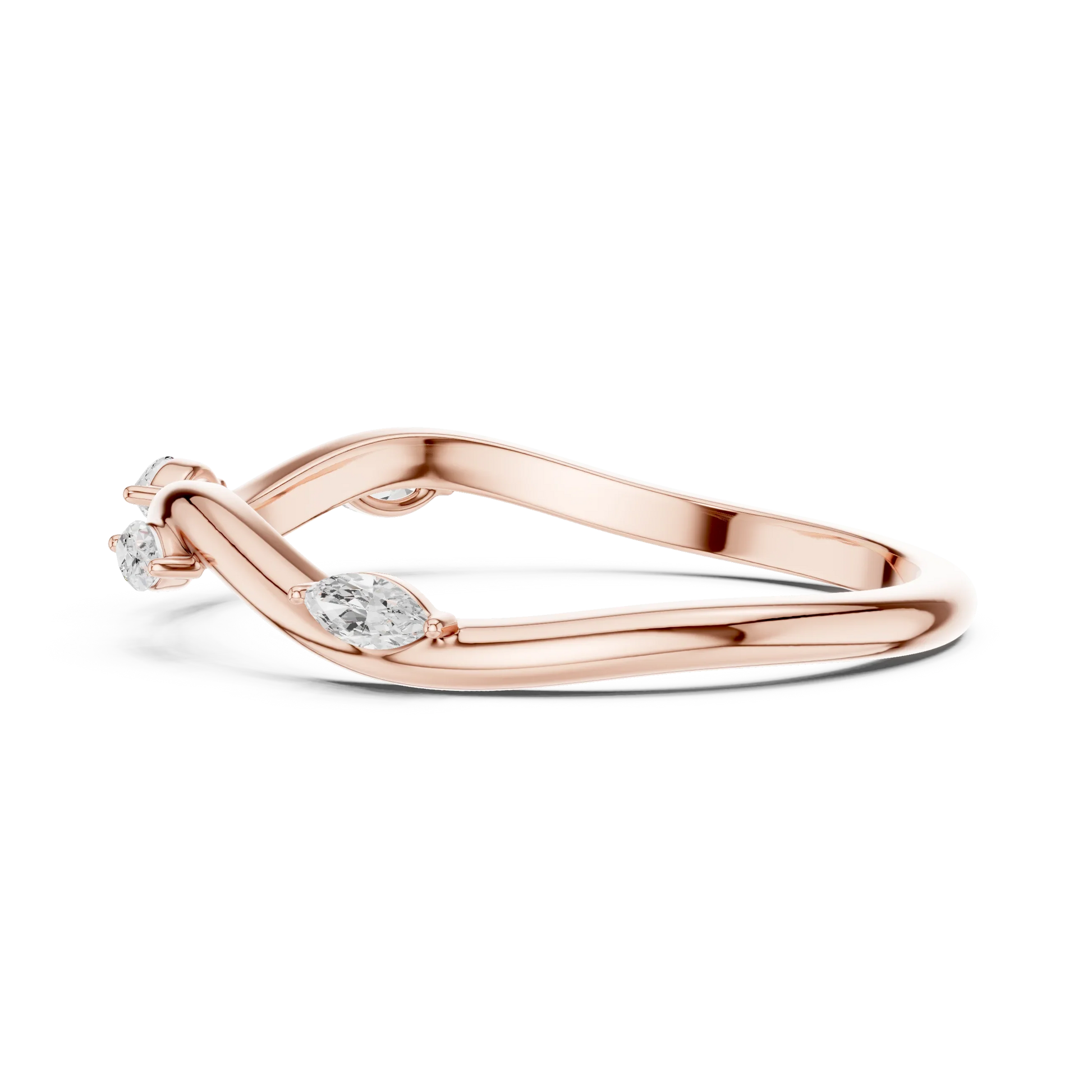 Marquise diamond curved wedding band in rose gold with lab-grown diamonds side view