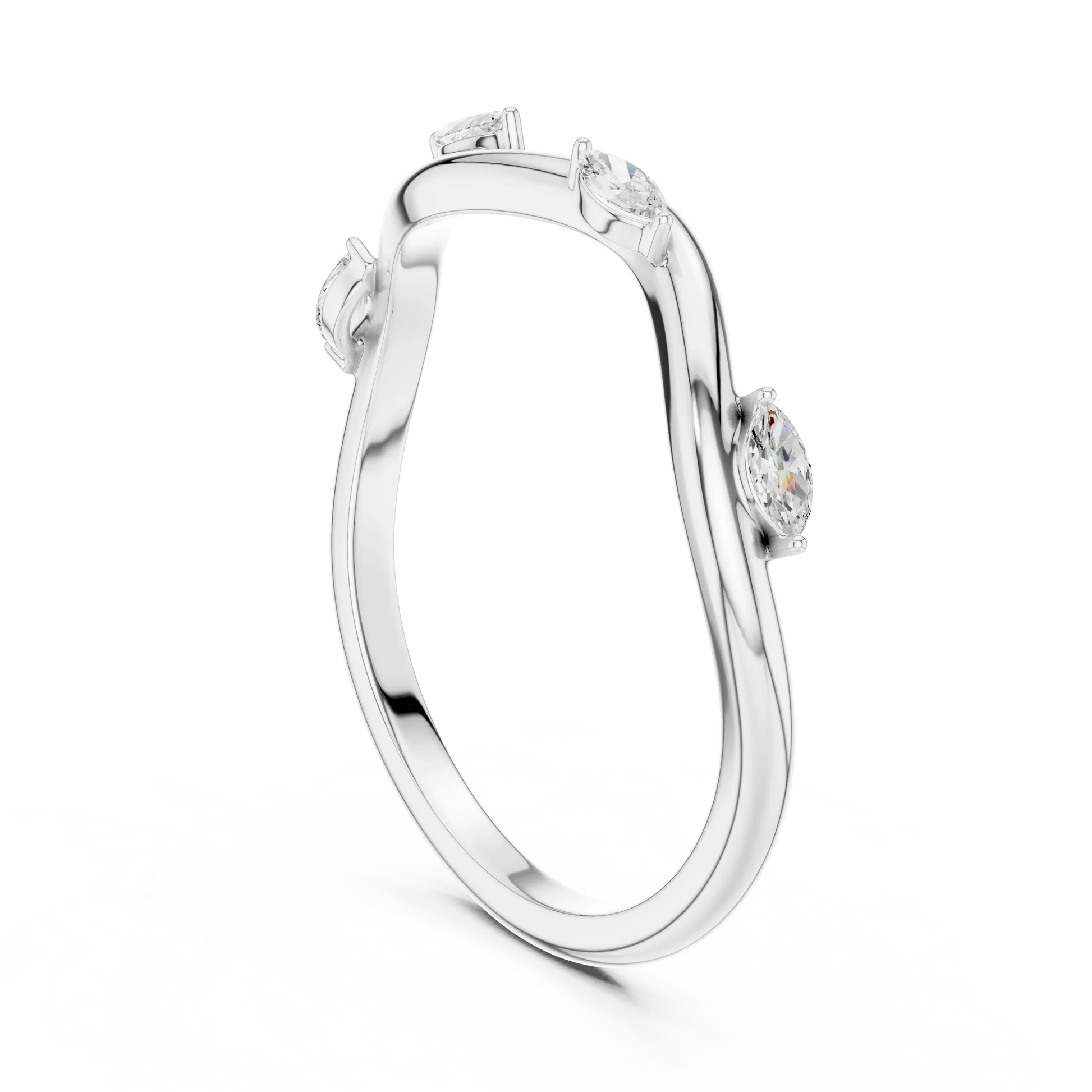 Marquise diamond curved wedding band in white gold with lab-grown diamonds back view