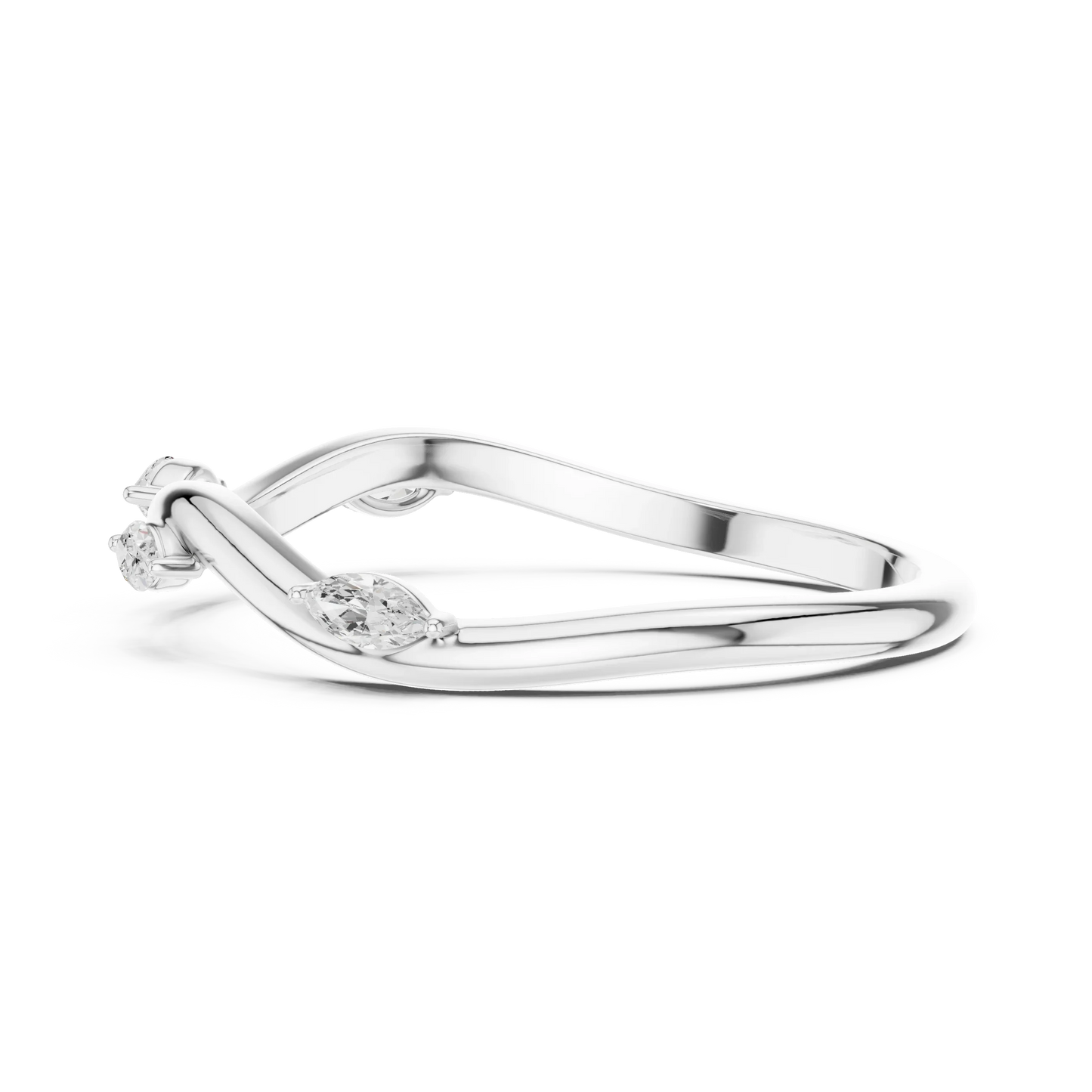 Marquise diamond curved wedding band in white gold with lab-grown diamonds side view