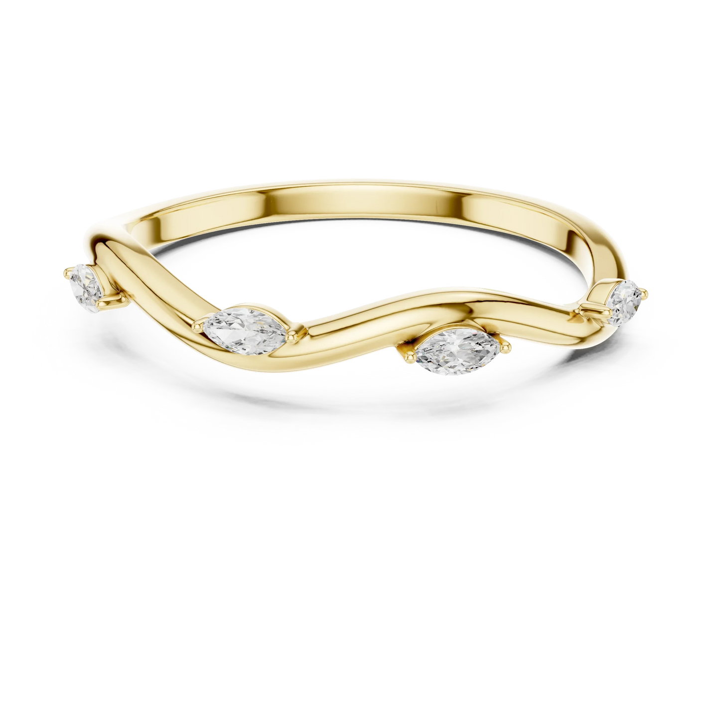 Marquise diamond curved wedding band in yellow gold with lab-grown diamonds