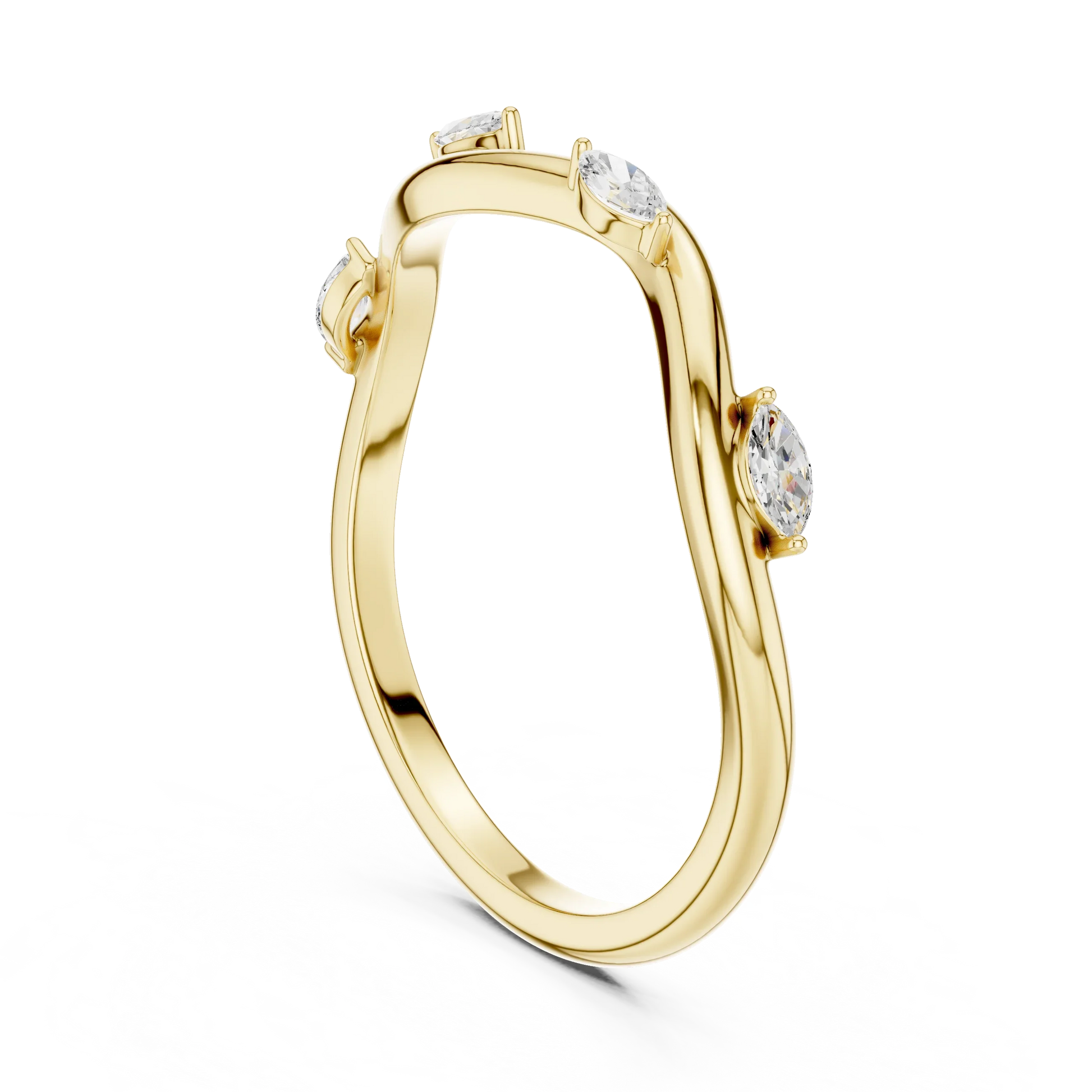 Marquise diamond curved wedding band in yellow gold with lab-grown diamonds back view