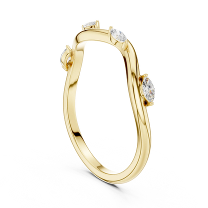 Marquise diamond curved wedding band in yellow gold with lab-grown diamonds back view