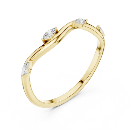 Marquise diamond curved wedding band in yellow gold with lab-grown diamonds front view