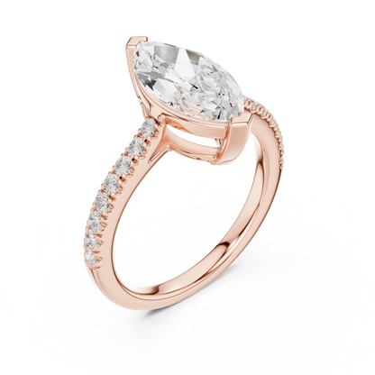 Front view of rose gold marquise diamond pavé band ring