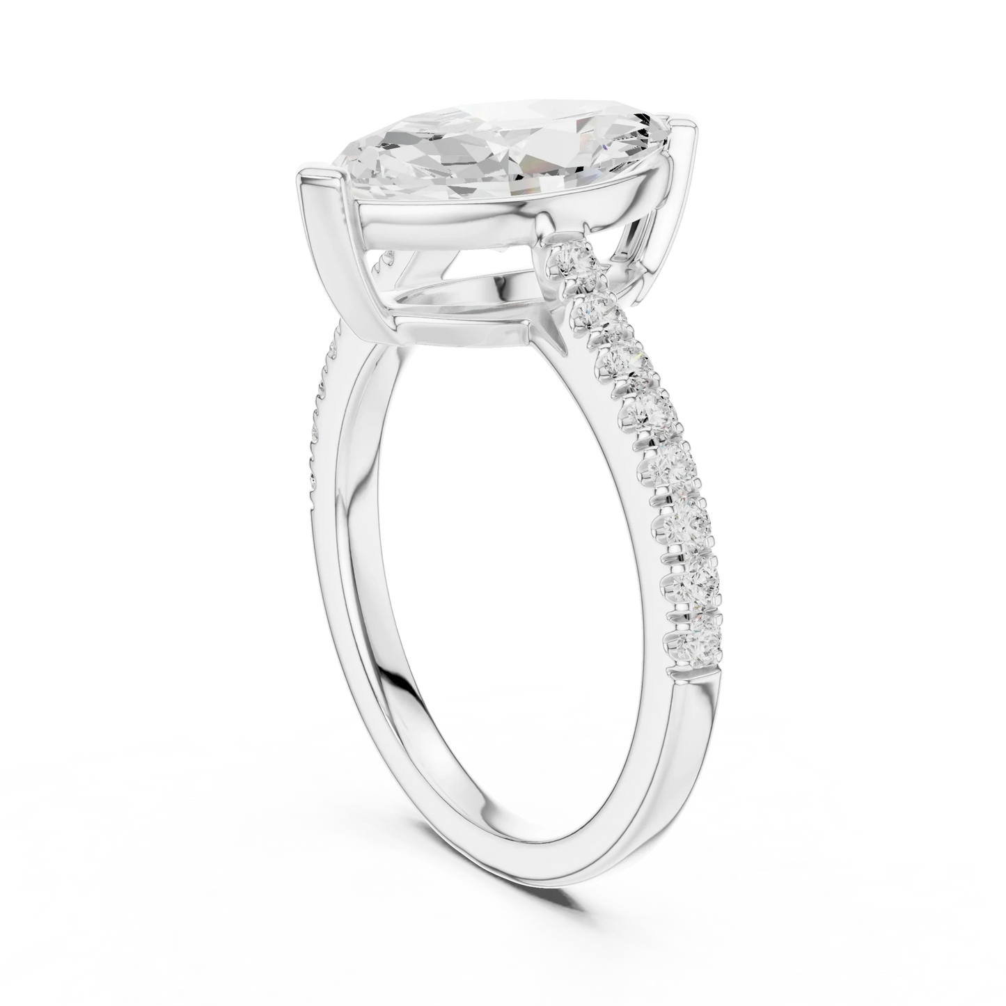 Back side view of white gold marquise diamond pavé band ring showing band and setting details