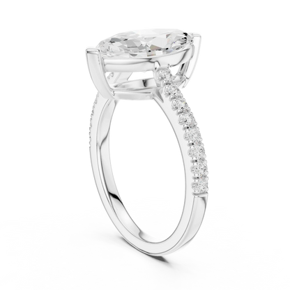 Back side view of white gold marquise diamond pavé band ring showing band and setting details