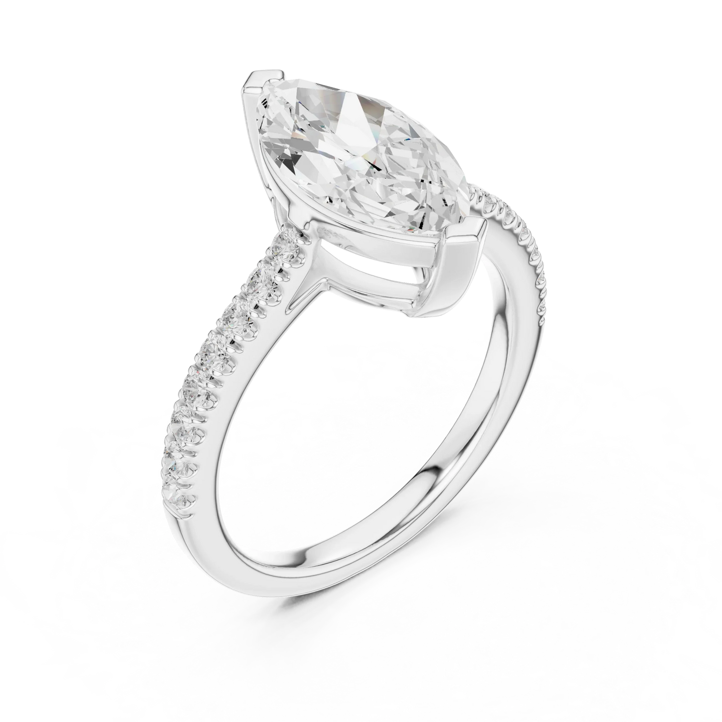 Front view of white gold marquise diamond pavé band ring