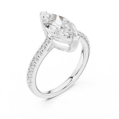 Front view of white gold marquise diamond pavé band ring