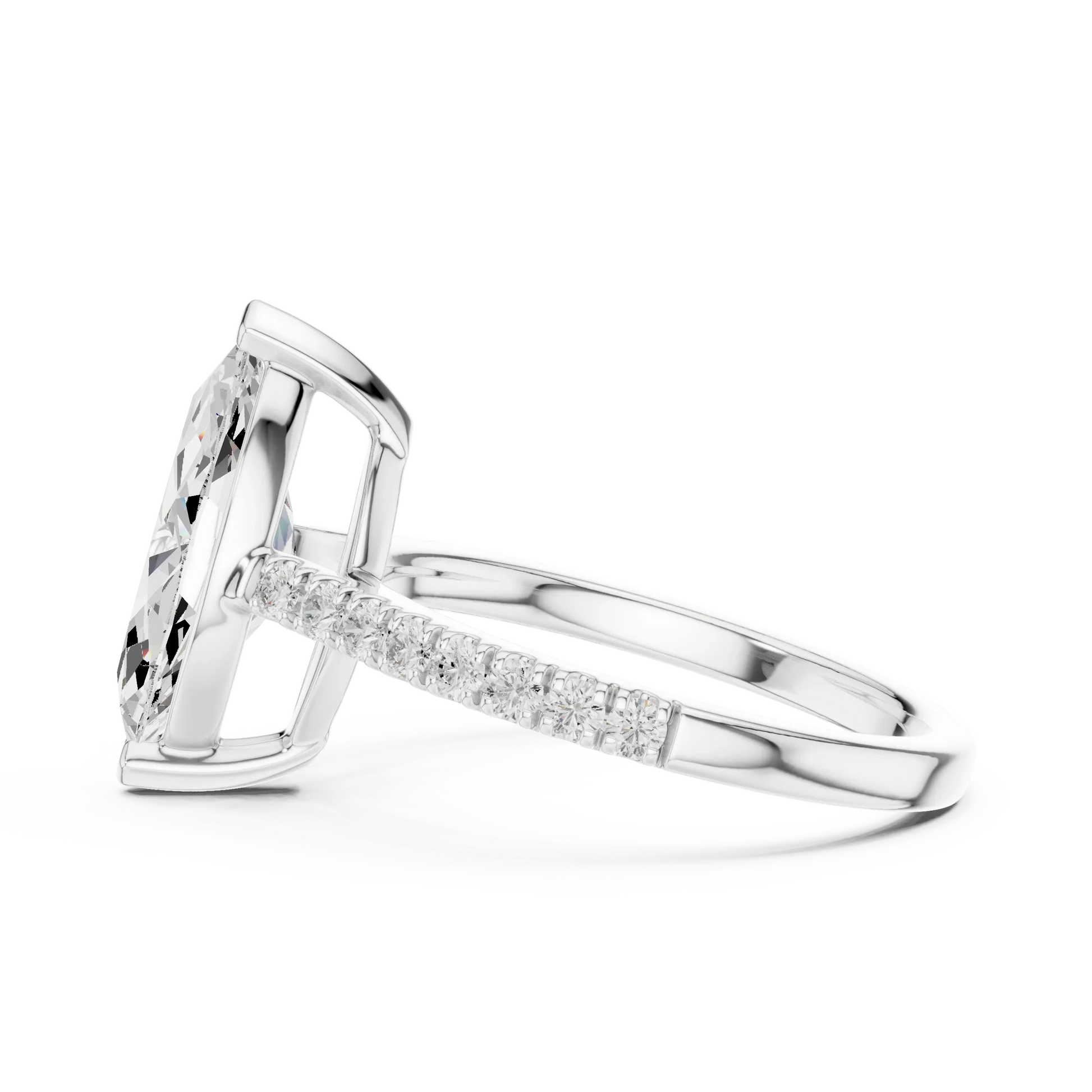 Side view of white gold marquise diamond pavé band ring with detailed band setting