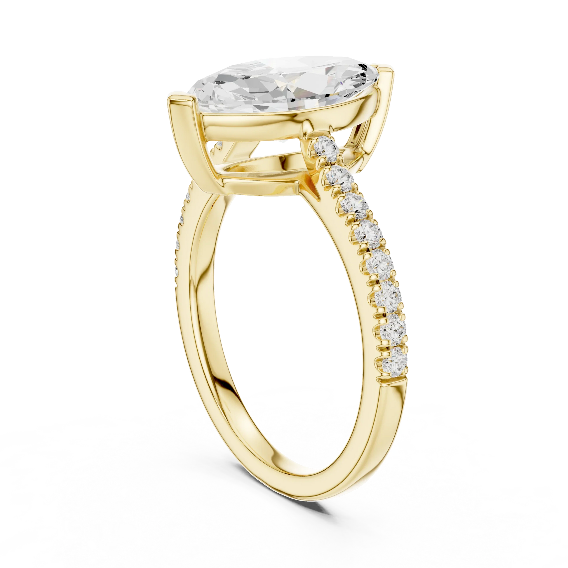 Back side view of yellow gold marquise diamond pavé band ring showing band structure