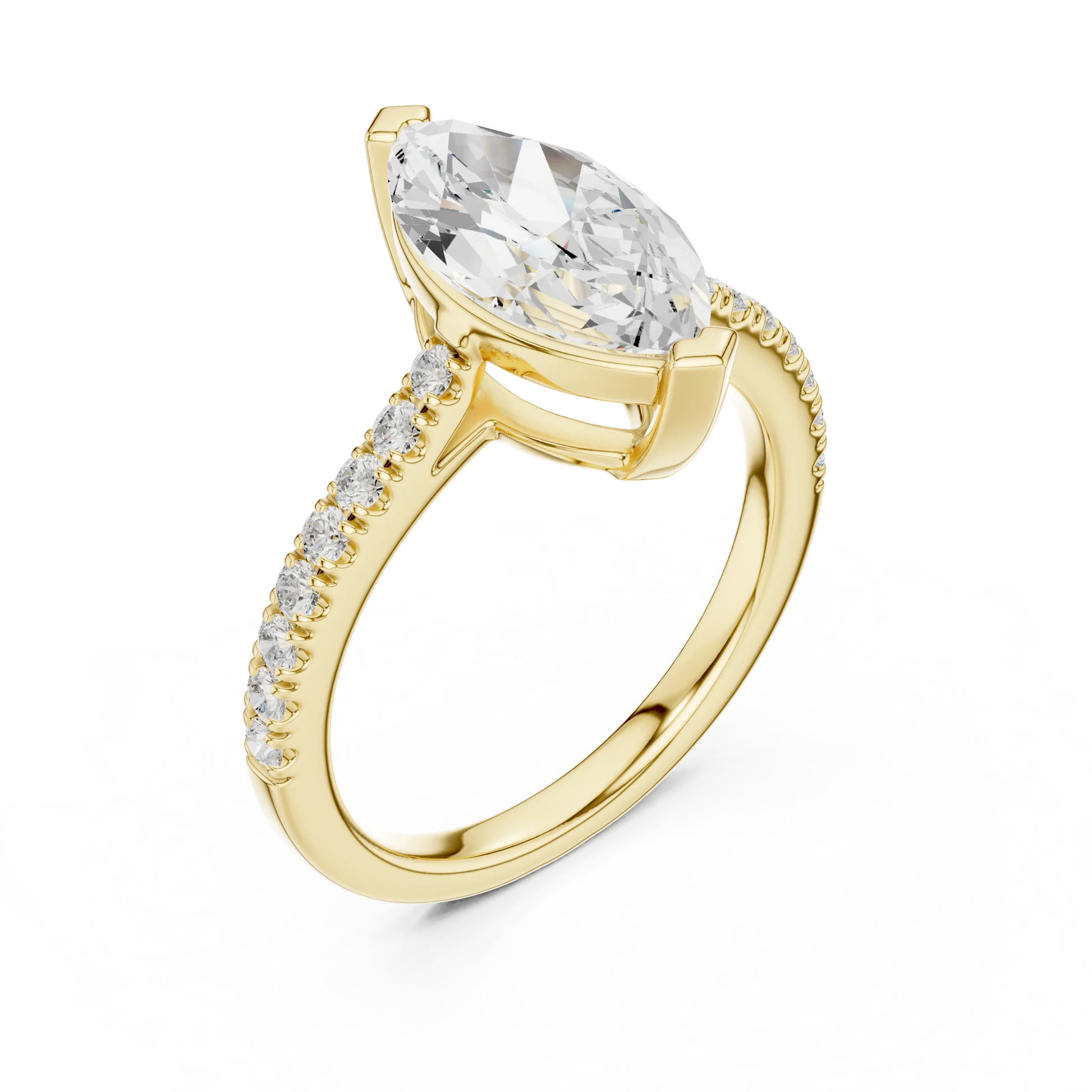 Front view of yellow gold marquise diamond pavé band ring