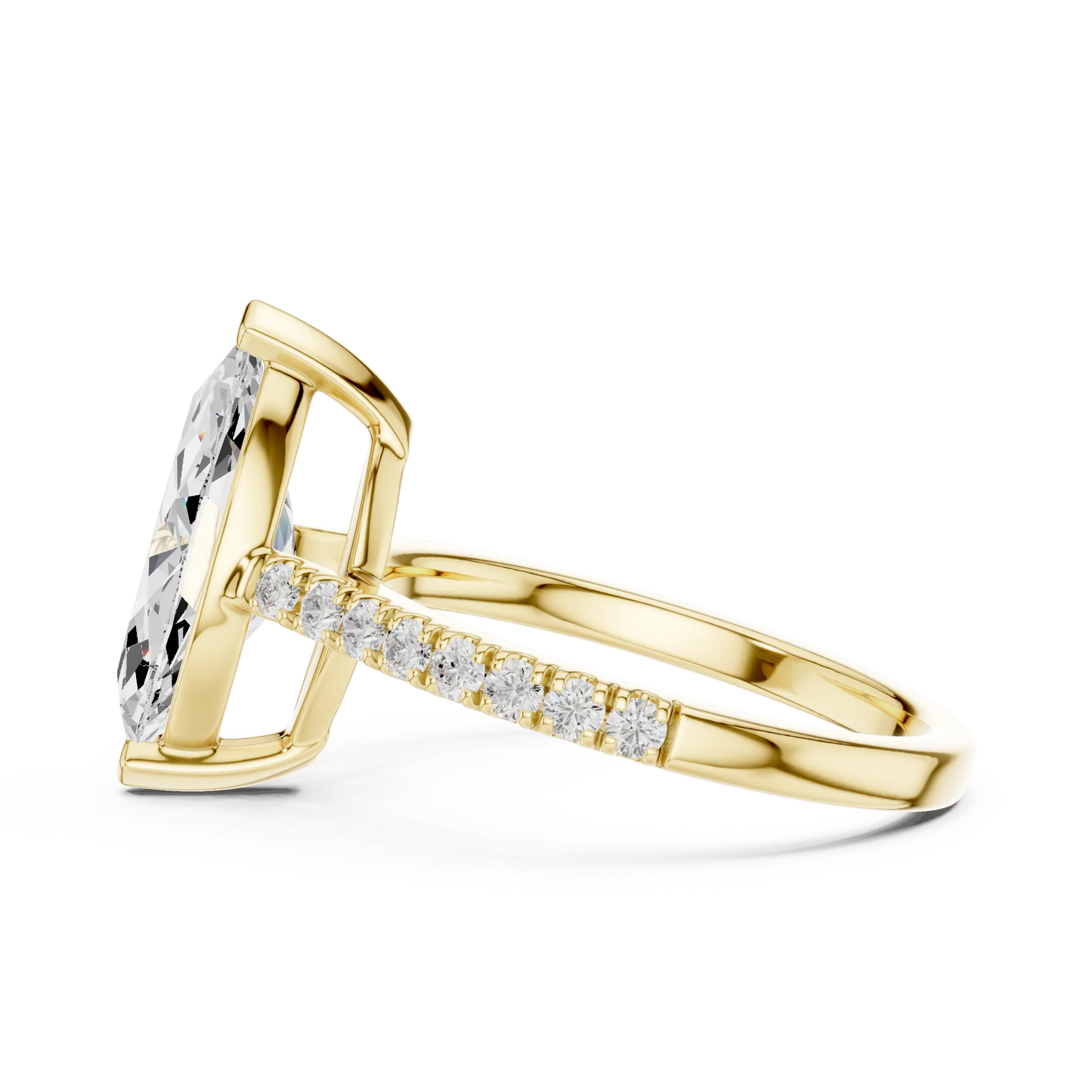 Side view of yellow gold marquise diamond pavé band ring with detailed band setting